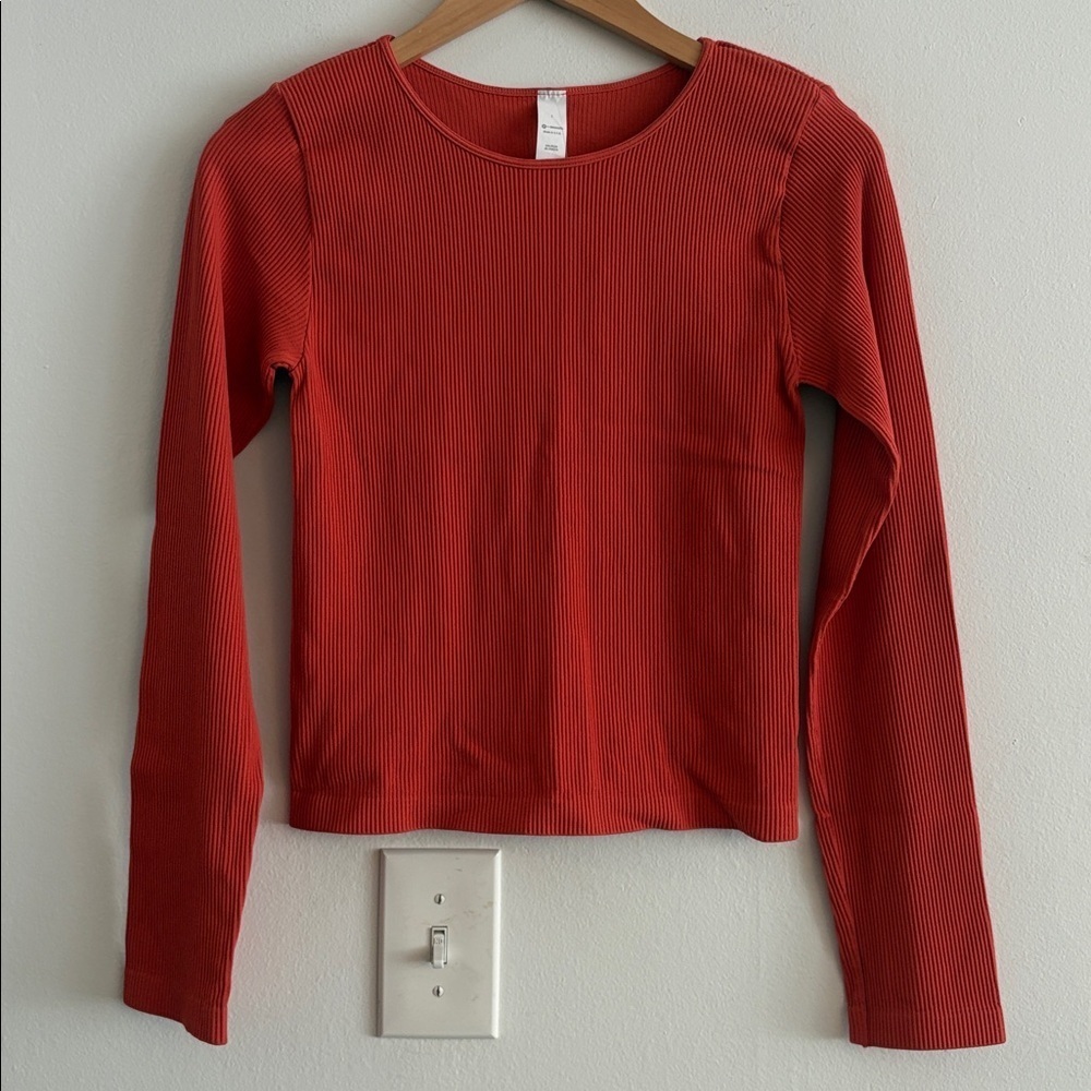 New Avocado Ribbed Seamless Long Sleeve Crewneck Active Top Large Burnt Orange